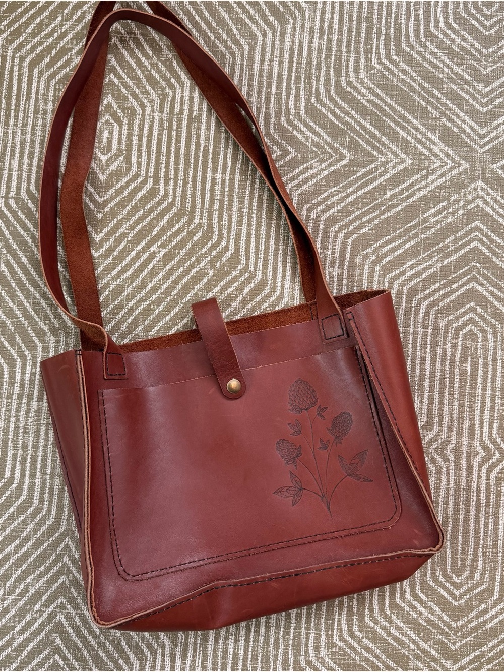 Handmade Full Grain Leather Tote Bag Rustic Artisan Floral Tooled Shoulder Bag